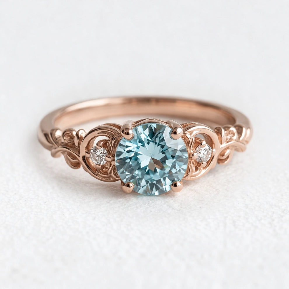 Marina’s Cameo | Round Blue Aquamarine Gold Engagement Ring.