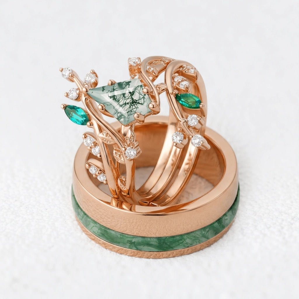 Sylvie’s Bower | Kite Cut Moss Agate Cage Leafy Couple Ring Set 3pcs.