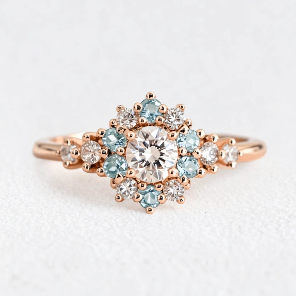 Liora's Corolla | Oval Diamond Engagement Ring with Aquamarine Petal Halo.