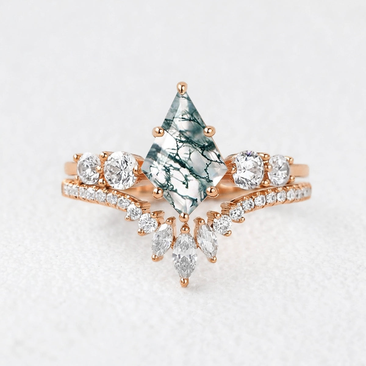 Seraphina‘s Cadence | Kite Cut Moss Agate Chevron Bridal Duo