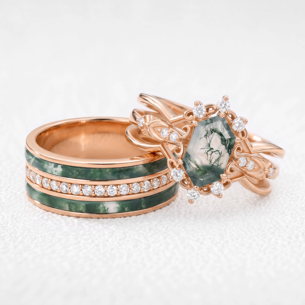Isolde’s Enclave  | Vintage Long Hexagon Moss Agate & Moissanite Couple Ring Set 3pcs