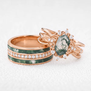 Isolde’s Enclave  | Vintage Long Hexagon Moss Agate & Moissanite Couple Ring Set 3pcs