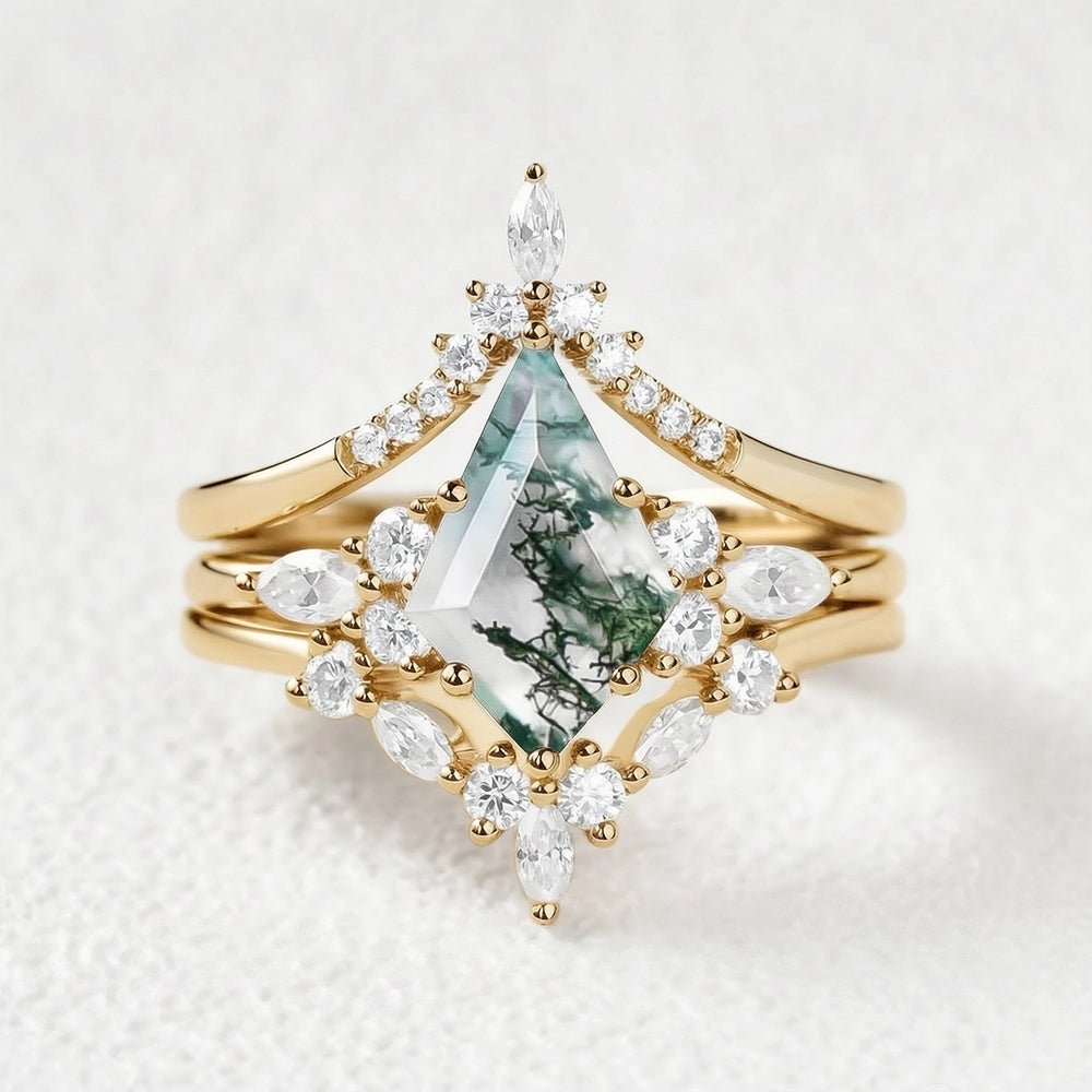 Sylvie’s Shadow | Black Gold Kite Cut Moss Agate Ring Set 3pcs.