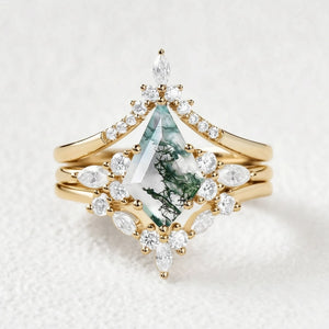 Sylvie’s Shadow | Black Gold Kite Cut Moss Agate Ring Set 3pcs.