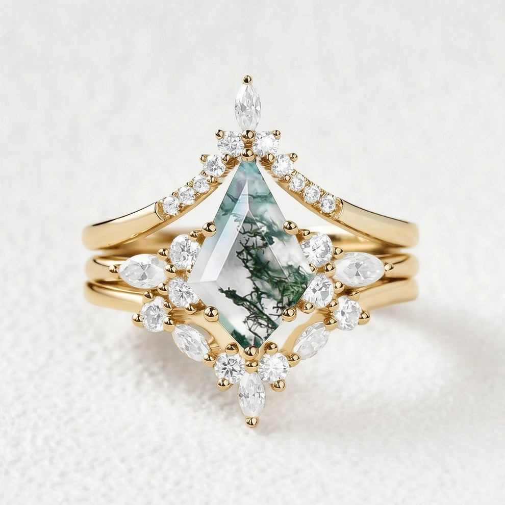 Sylvie’s Shadow | Black Gold Kite Cut Moss Agate Ring Set 3pcs.