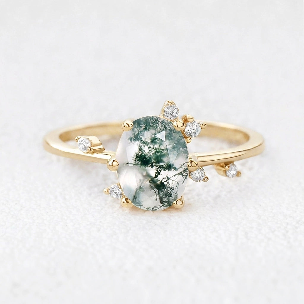 Elara’s Dew | Classic Oval Moss Agate Engagement Ring.