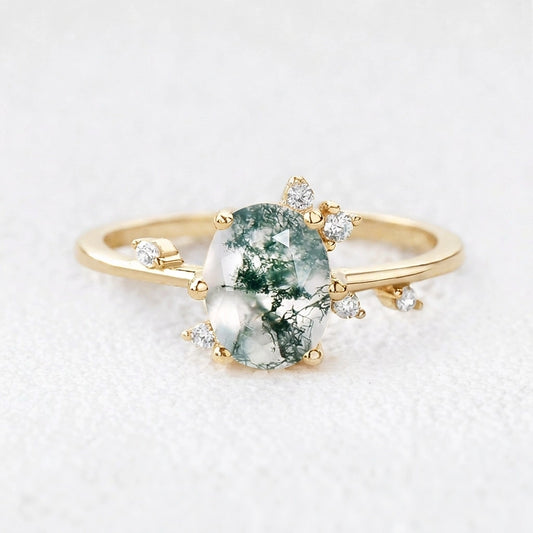 Elara’s Dew | Classic Oval Moss Agate Engagement Ring.