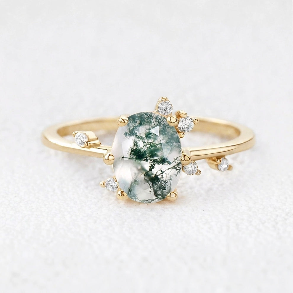 Elara’s Dew | Classic Oval Moss Agate Engagement Ring.