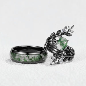 Sylvie’s Blackwood | Black Gold & Oval Moss Agate Couple Ring Set 3pcs.