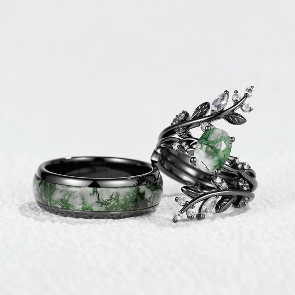 Sylvie’s Blackwood | Black Gold & Oval Moss Agate Couple Ring Set 3pcs.