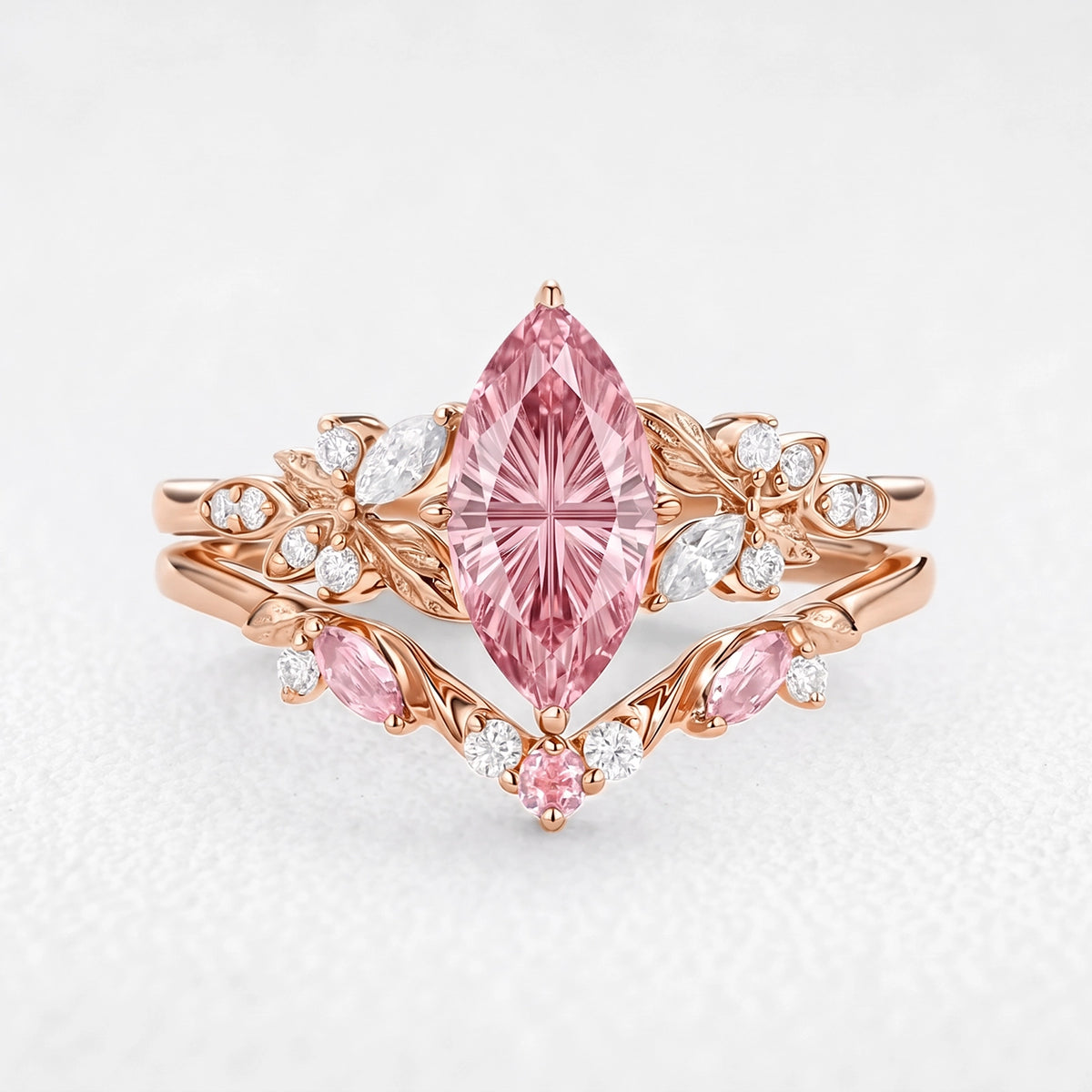 Peony’s Bloom | Fantasy-Cut Marquise Pink Sapphire Bridal Set 2pcs