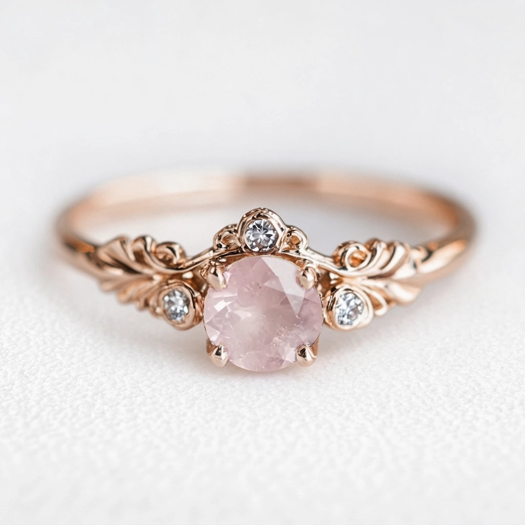 Aurelia’s Blossom | Round Rose Quartz Floral Halo Ring
