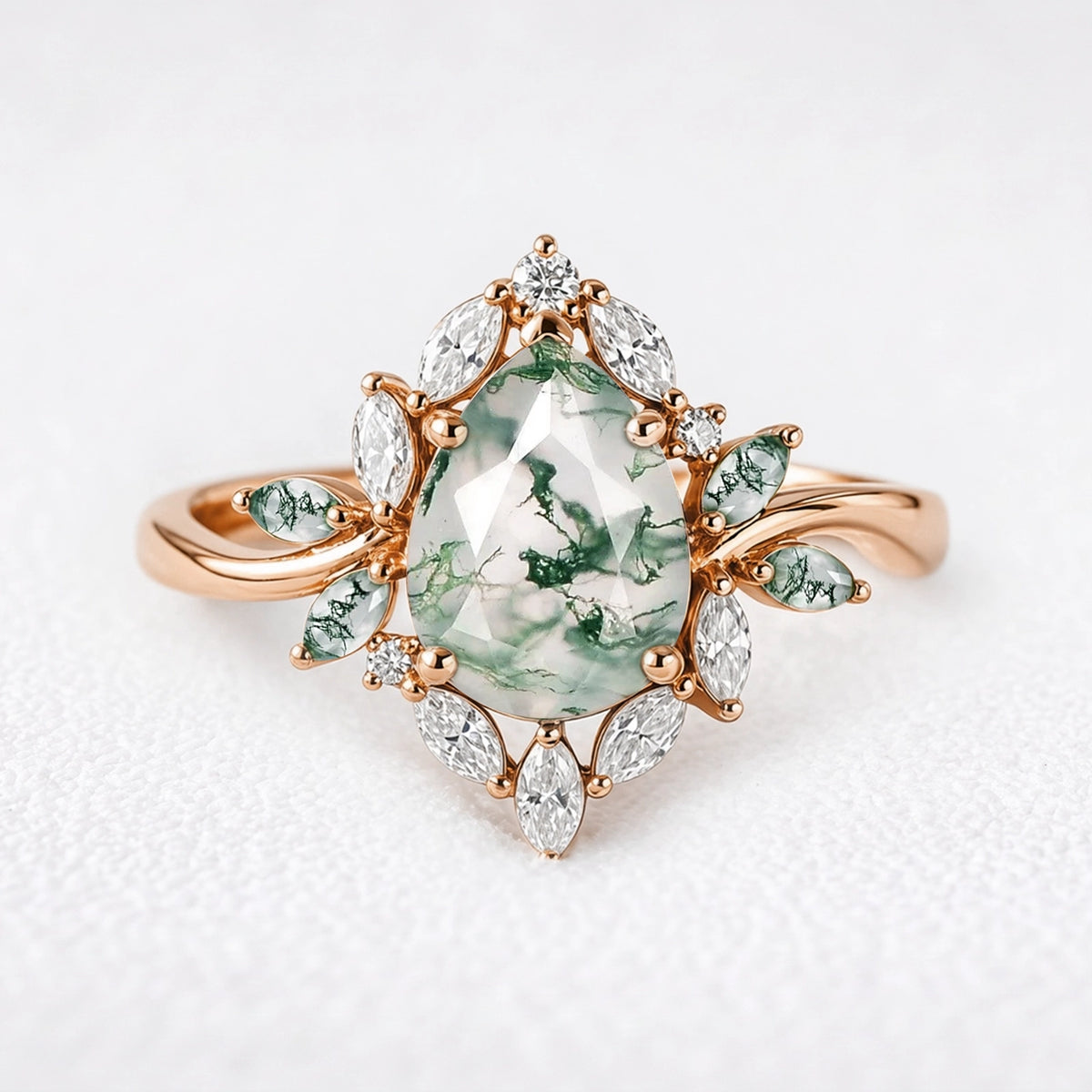 Daphne's Bloom | Pear Moss Agate & Diamond Cluster Engagement Ring