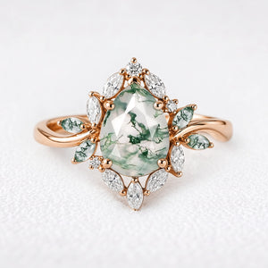 Daphne's Bloom | Pear Moss Agate & Diamond Cluster Engagement Ring
