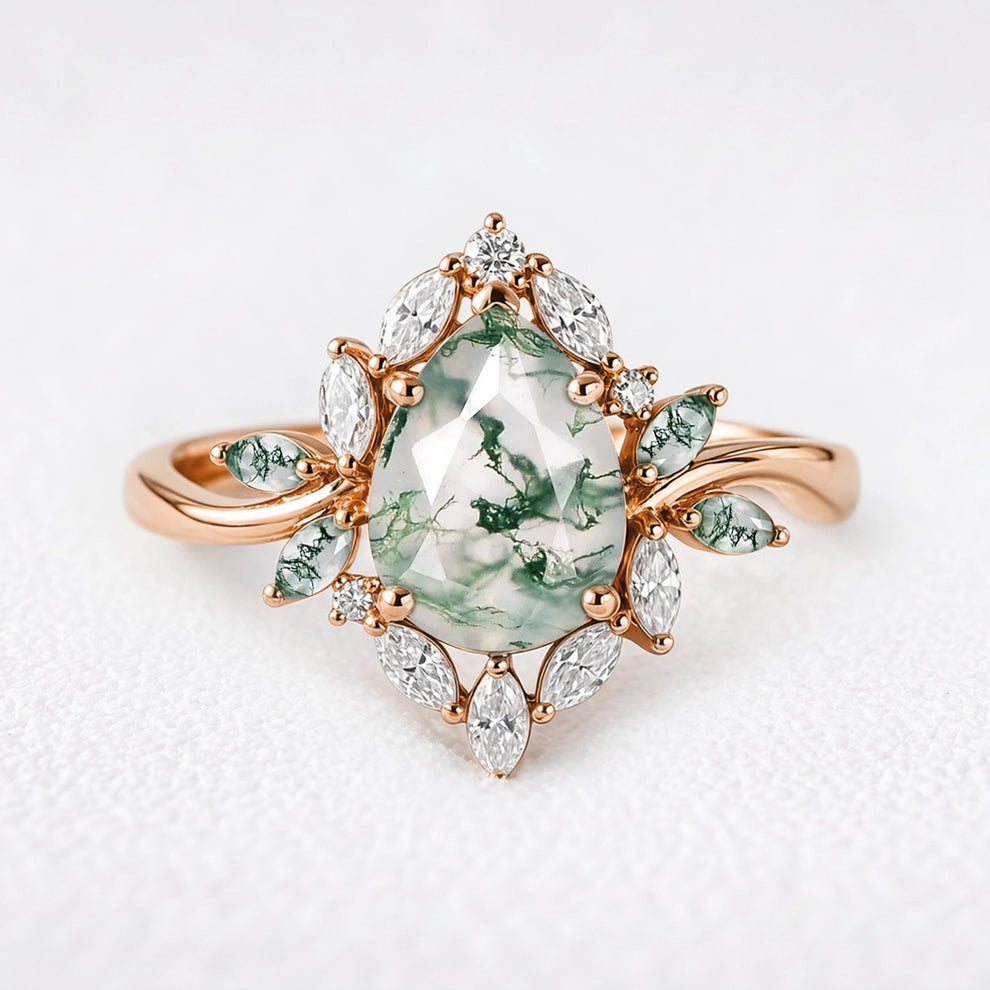 Daphne's Bloom | Pear Moss Agate & Diamond Cluster Engagement Ring
