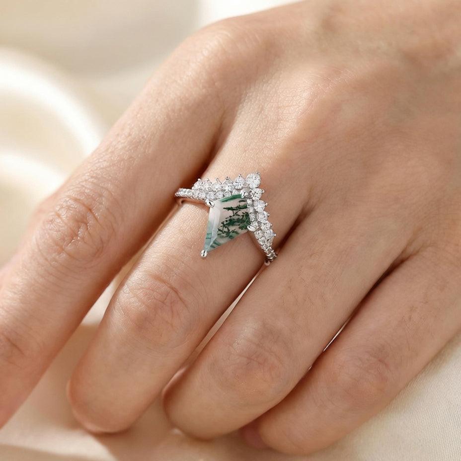 Celestine’s Chevron | Kite Cut Moss Agate Cluster Engagement Ring with V‑Shaped Diamond Band.
