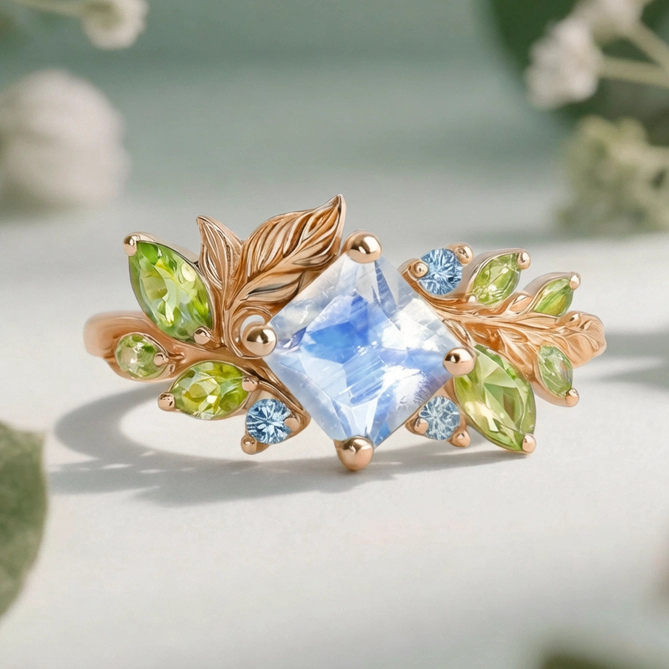 The Moonlight Canvas Engagement Ring – Square Moonstone Set in a Blooming Vine Band.