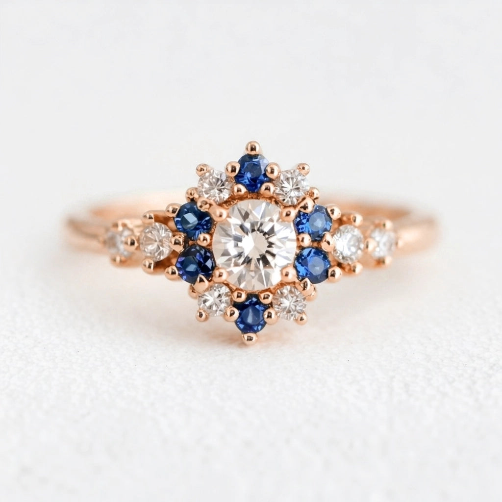 Vivienne’s Blossom | White & Blue Sapphire Engagement Ring.
