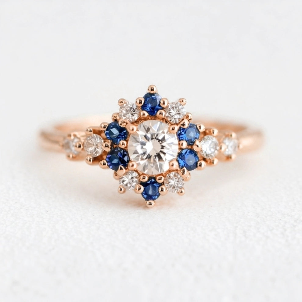 Vivienne’s Blossom | White & Blue Sapphire Engagement Ring.