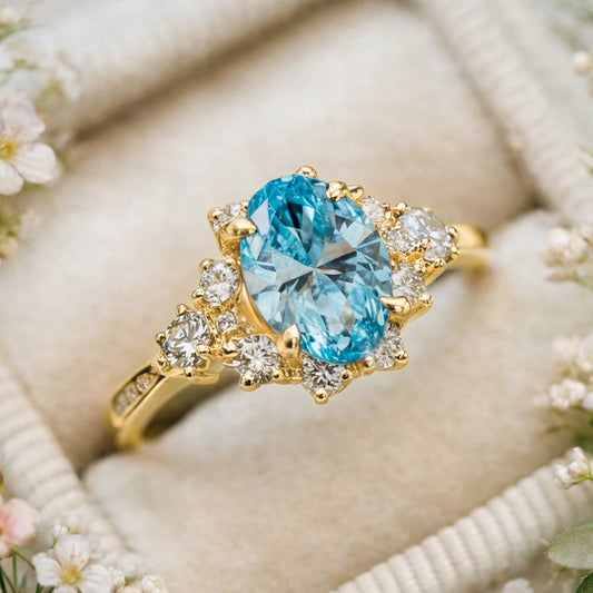 Aria‘s Bay | Oval Cut Blue Topaz Halo Engagement Ring