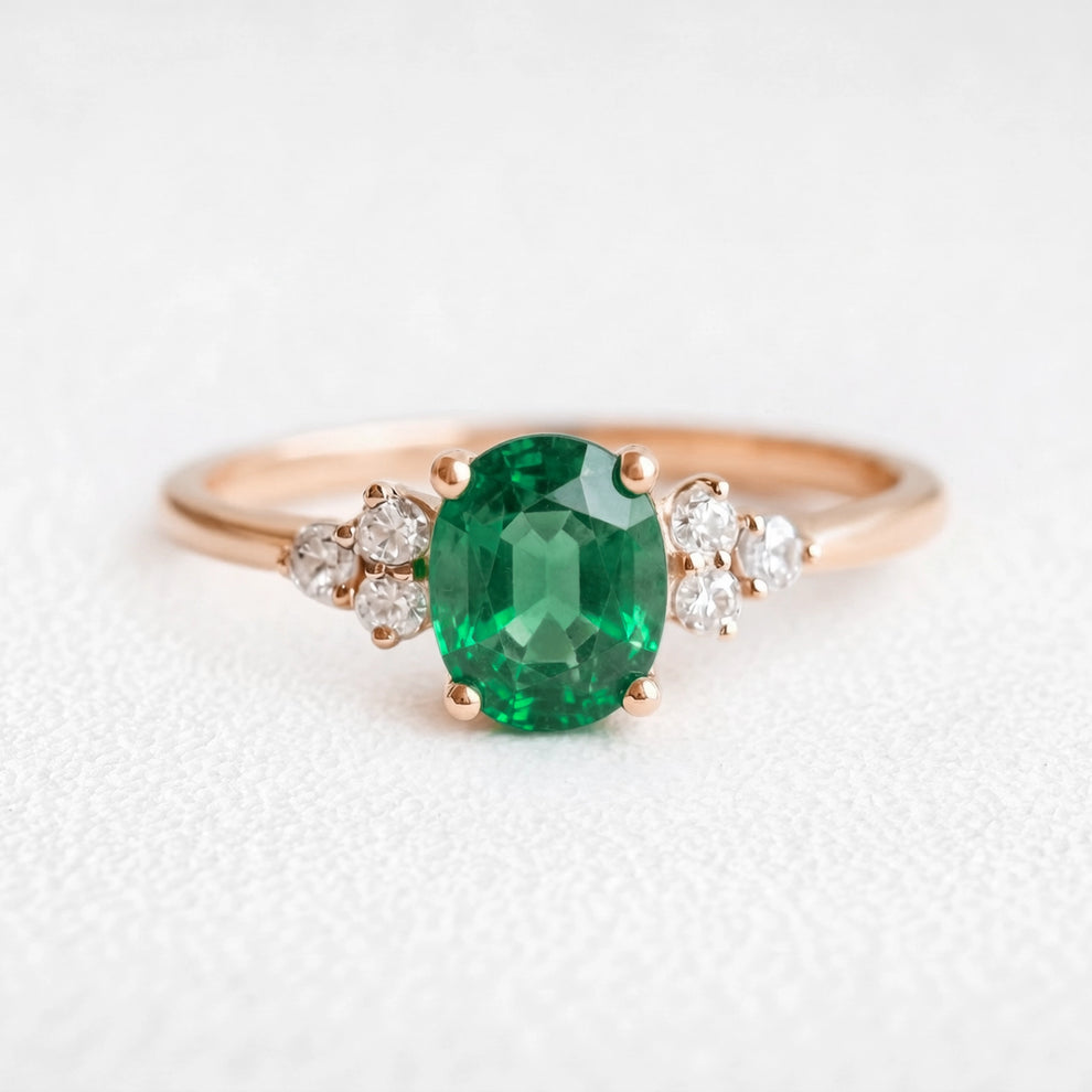Alexandra’s Verdure | 1.5CT Oval Emerald & Diamond Cluster Engagement Ring