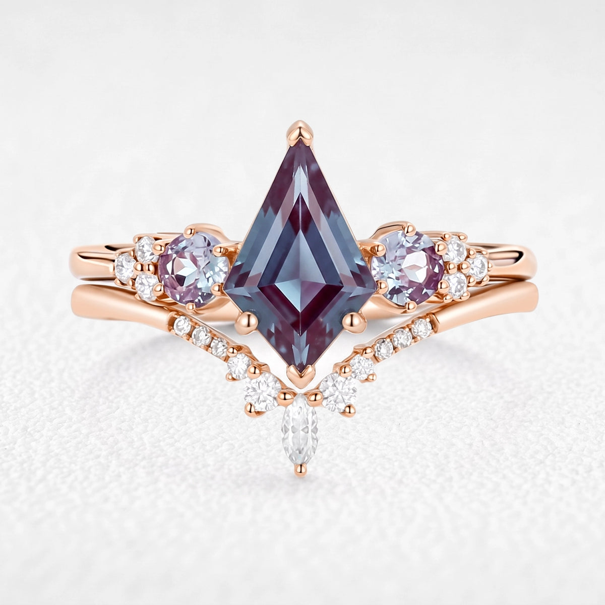 Sylvie’s Frond | Kite Cut Alexandrite Cluster Chevron Bridal Set 2pcs