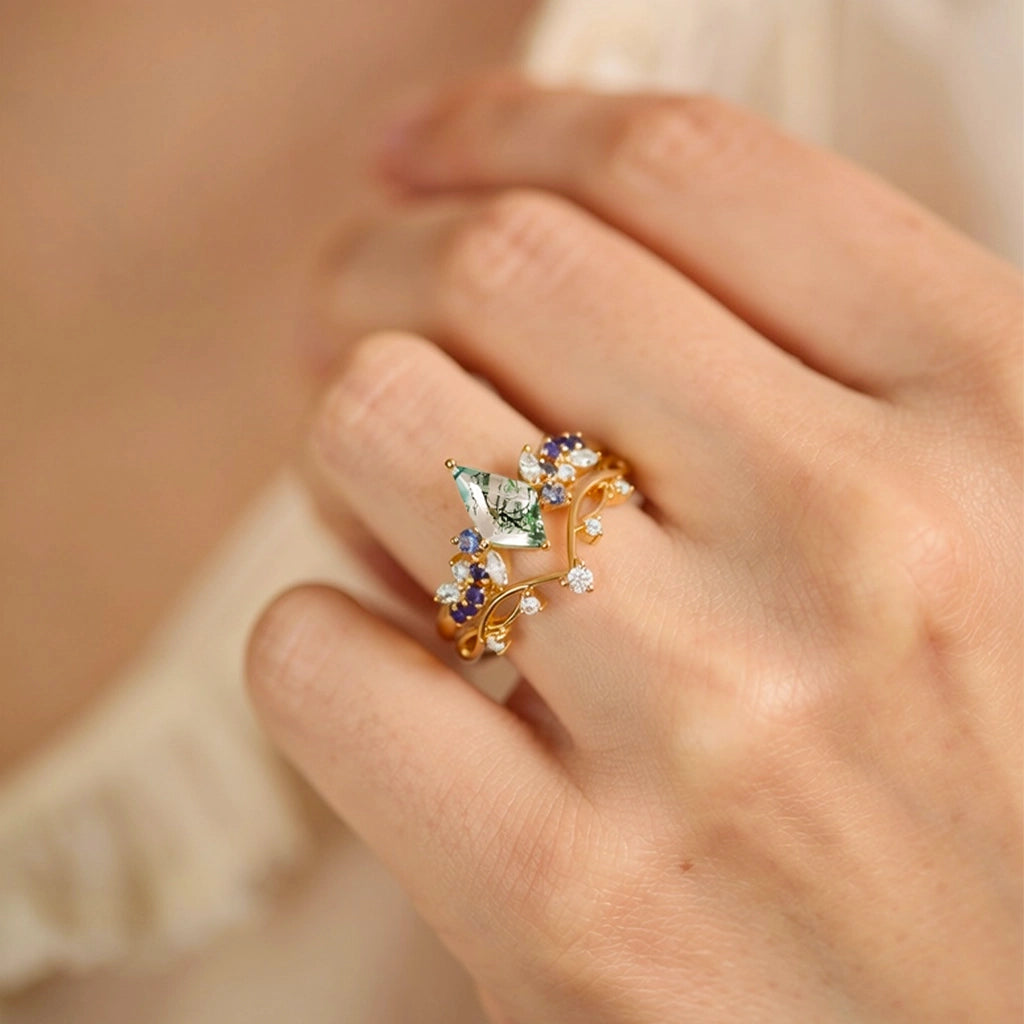 Isadora’s Rhapsody | Kite Moss Agate & Gradient Sapphire Bridal Duo