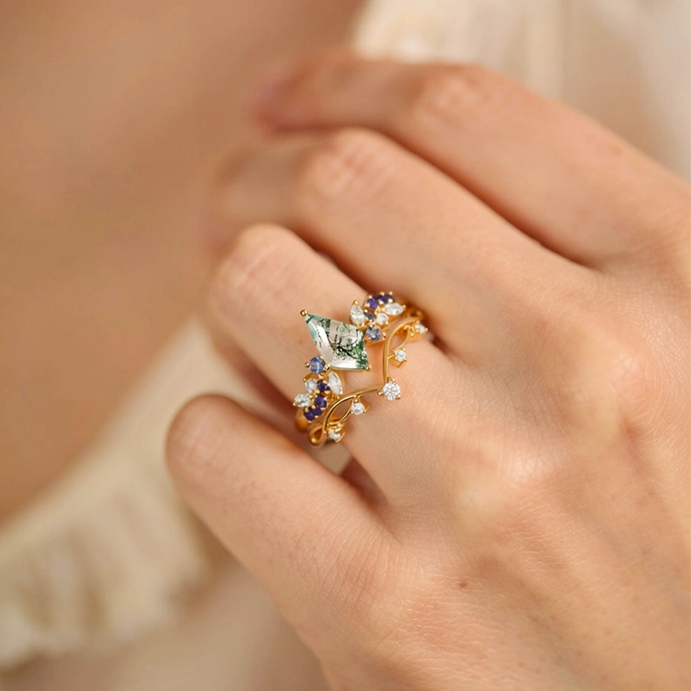 Isadora’s Rhapsody | Kite Moss Agate & Gradient Sapphire Bridal Duo