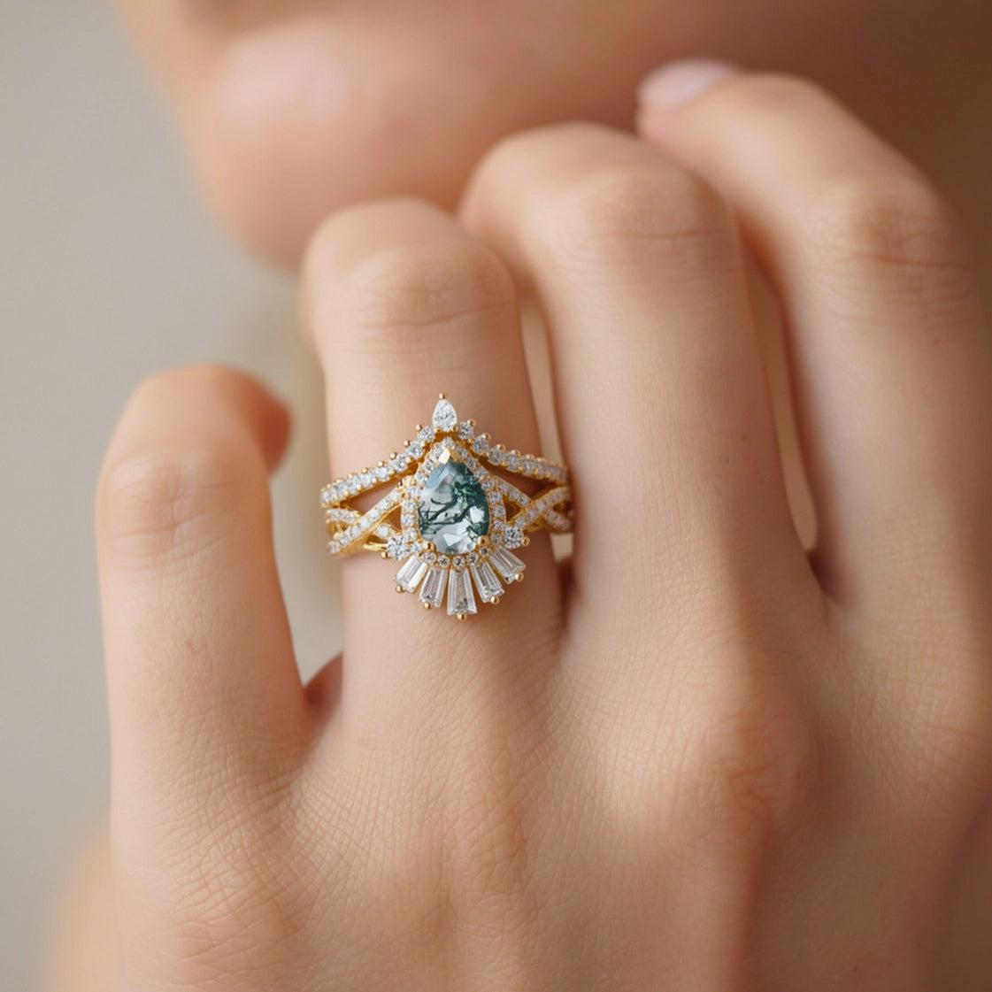 Elara's Crown | Pear Moss Agate Halo Baguette Bridal Set 2pcs.