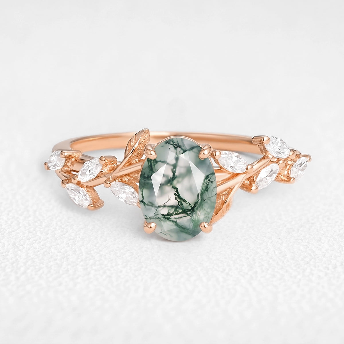 Celandine’s Tendril | Oval Cut Moss Agate Vine Engagement Ring
