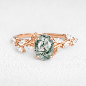 Celandine’s Tendril | Oval Cut Moss Agate Vine Engagement Ring