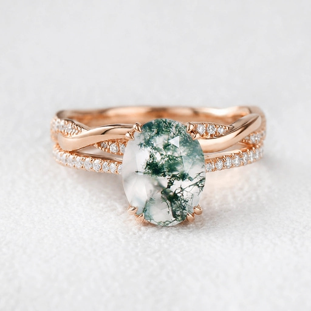 Ariadne’s Merge | 2CT Oval Moss Agate Bridal Set 2pcs.