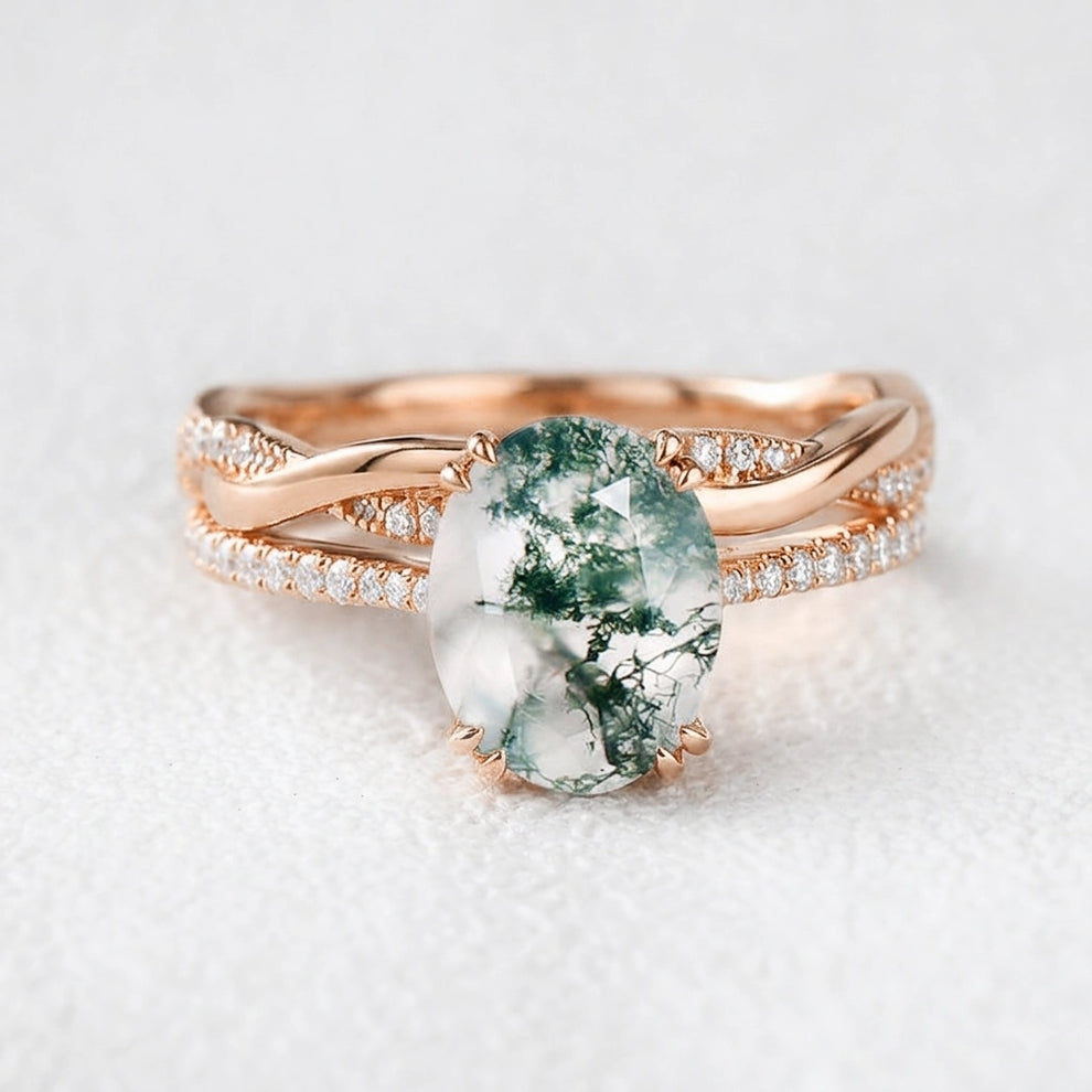 Ariadne’s Merge | 2CT Oval Moss Agate Bridal Set 2pcs.