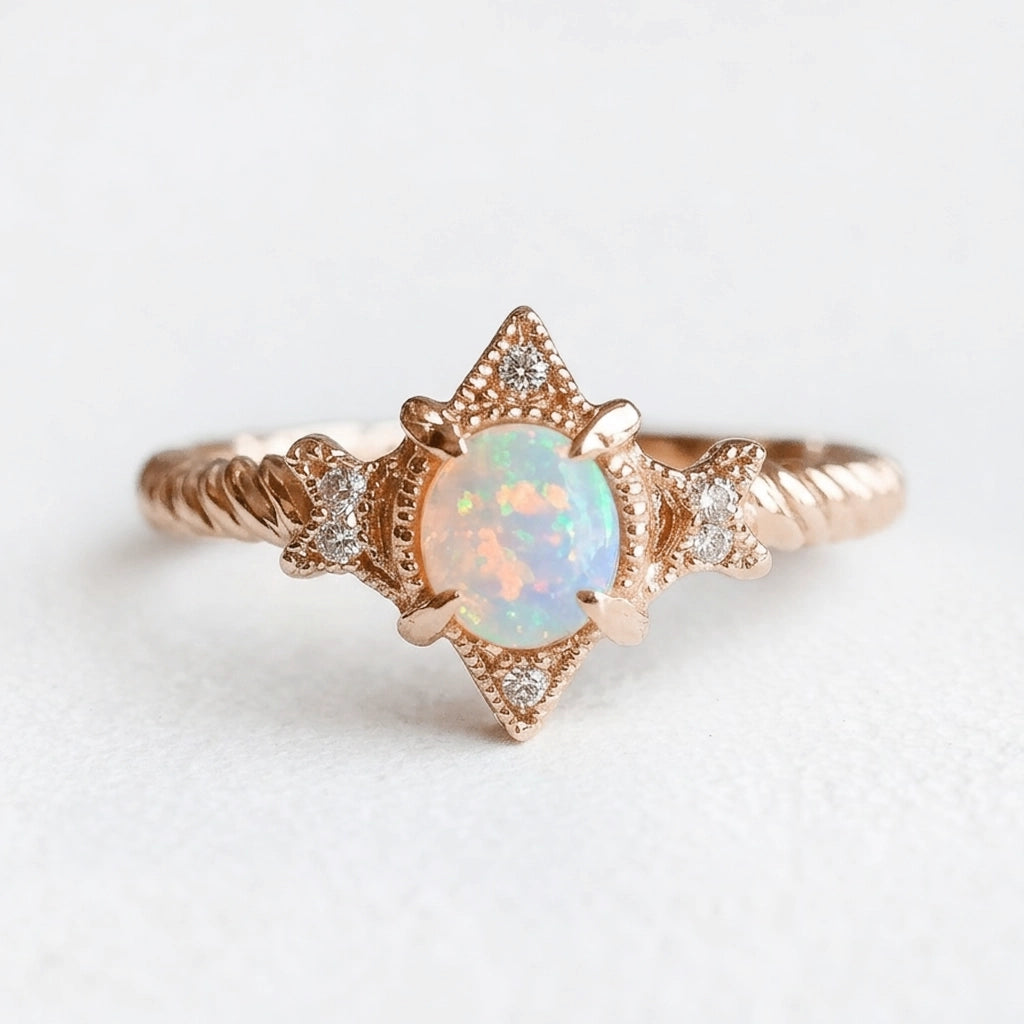 Aurora’s Lattice | Oval Opal Engagement Ring with Lozenge Weave Setting.