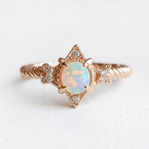 Aurora’s Lattice | Oval Opal Engagement Ring with Lozenge Weave Setting
