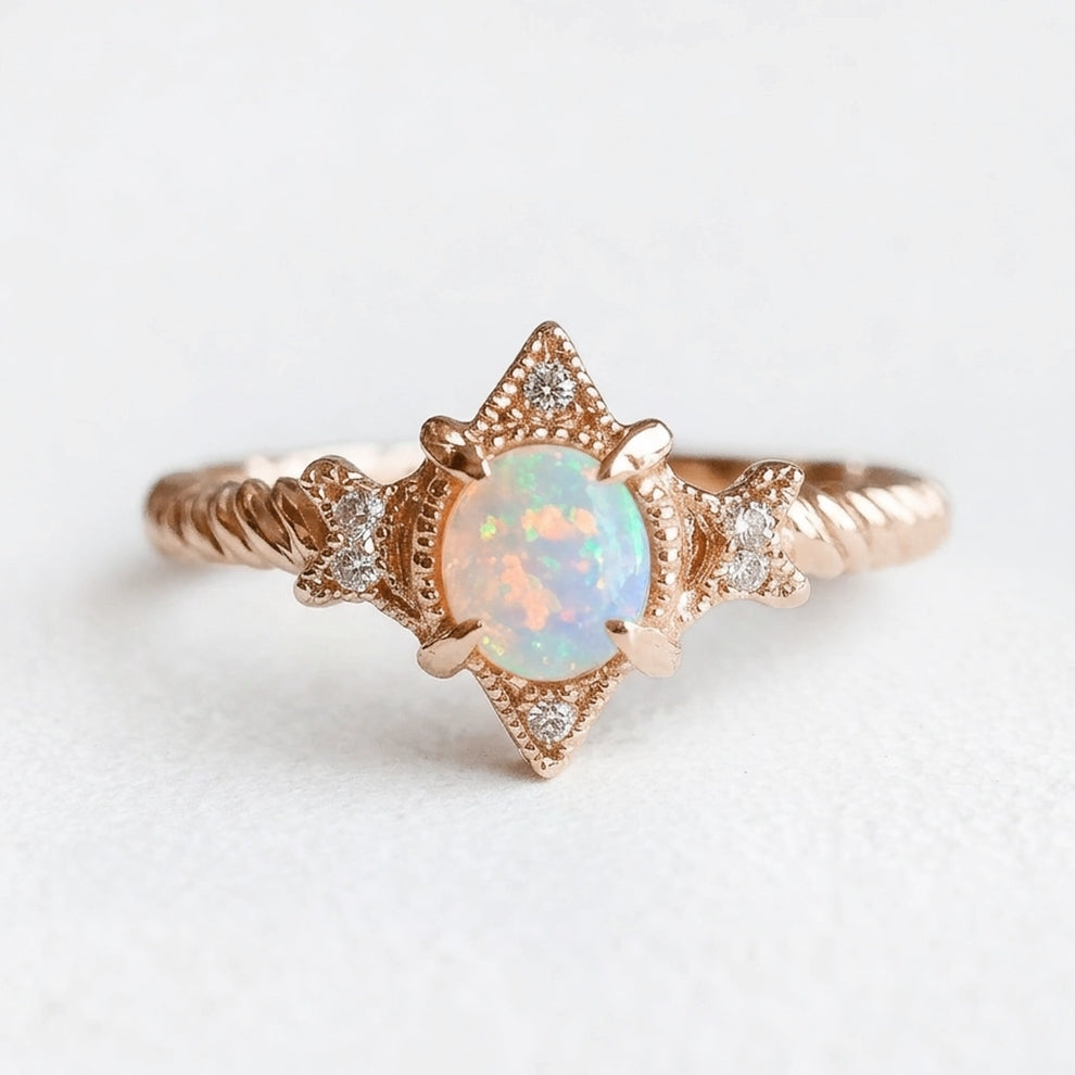 Aurora’s Lattice | Oval Opal Engagement Ring with Lozenge Weave Setting.