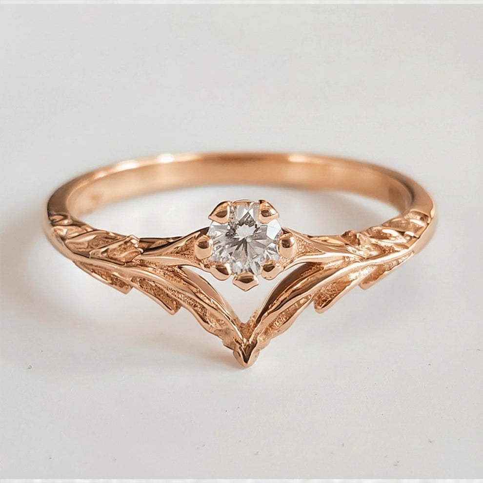 Angel’s Wing | V-Shaped Leaf Diamond Solitaire Wedding Band.