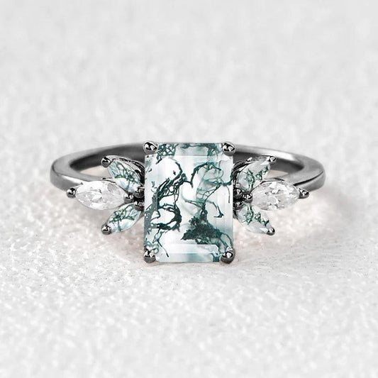 Black Gold Emerald Cut Moss Agate Butterfly Fairy Engagement Ring.