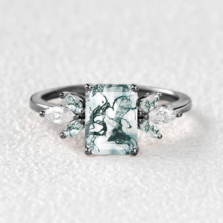 Black Gold Emerald Cut Moss Agate Butterfly Fairy Engagement Ring.