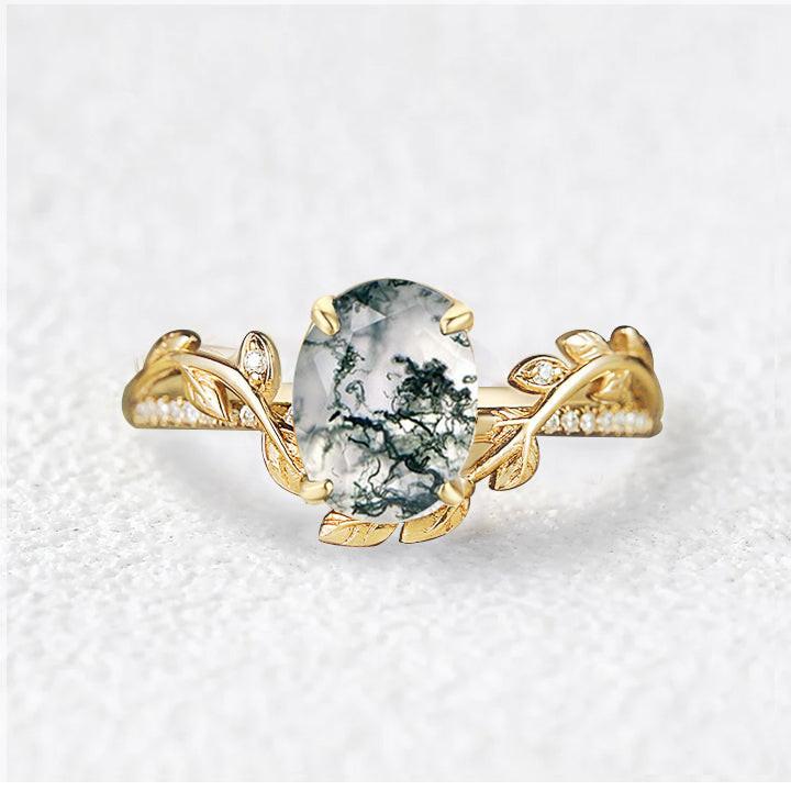 Oval Cut Moss Agate Classic Vine Engagement Ring.