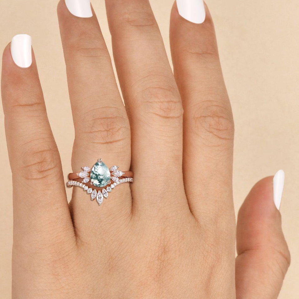 Fairy Ring - 1.5ct Pear Shaped Moss Agate Butterfly Cluster Ring Set 2pcs