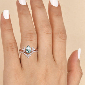Fairy Ring - 1.5ct Pear Shaped Moss Agate Butterfly Cluster Ring Set 2pcs