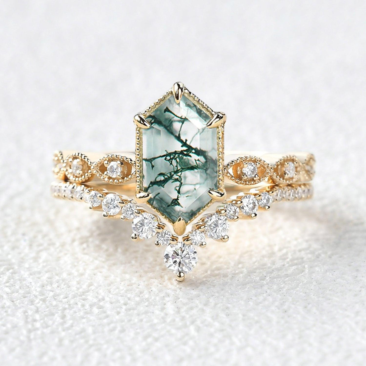 Victorian Vintage Long Hexagon Moss Agate Ring Set 2pcs.