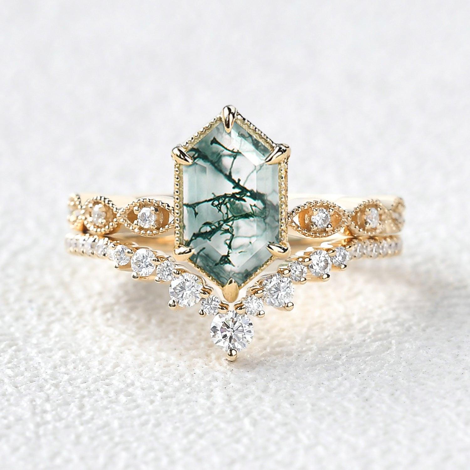 Victorian Vintage Long Hexagon Moss Agate Ring Set 2pcs.