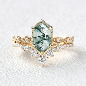 Victorian Vintage Long Hexagon Moss Agate Ring Set 2pcs.
