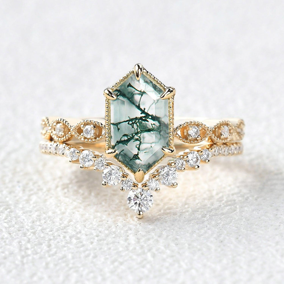 Victorian Vintage Long Hexagon Moss Agate Ring Set 2pcs.