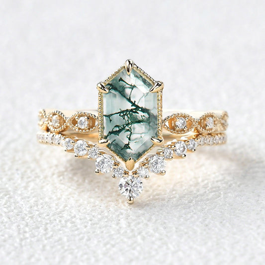 Victorian Vintage Long Hexagon Moss Agate Ring Set 2pcs.