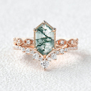 Victorian Vintage Long Hexagon Moss Agate Ring Set 2pcs.