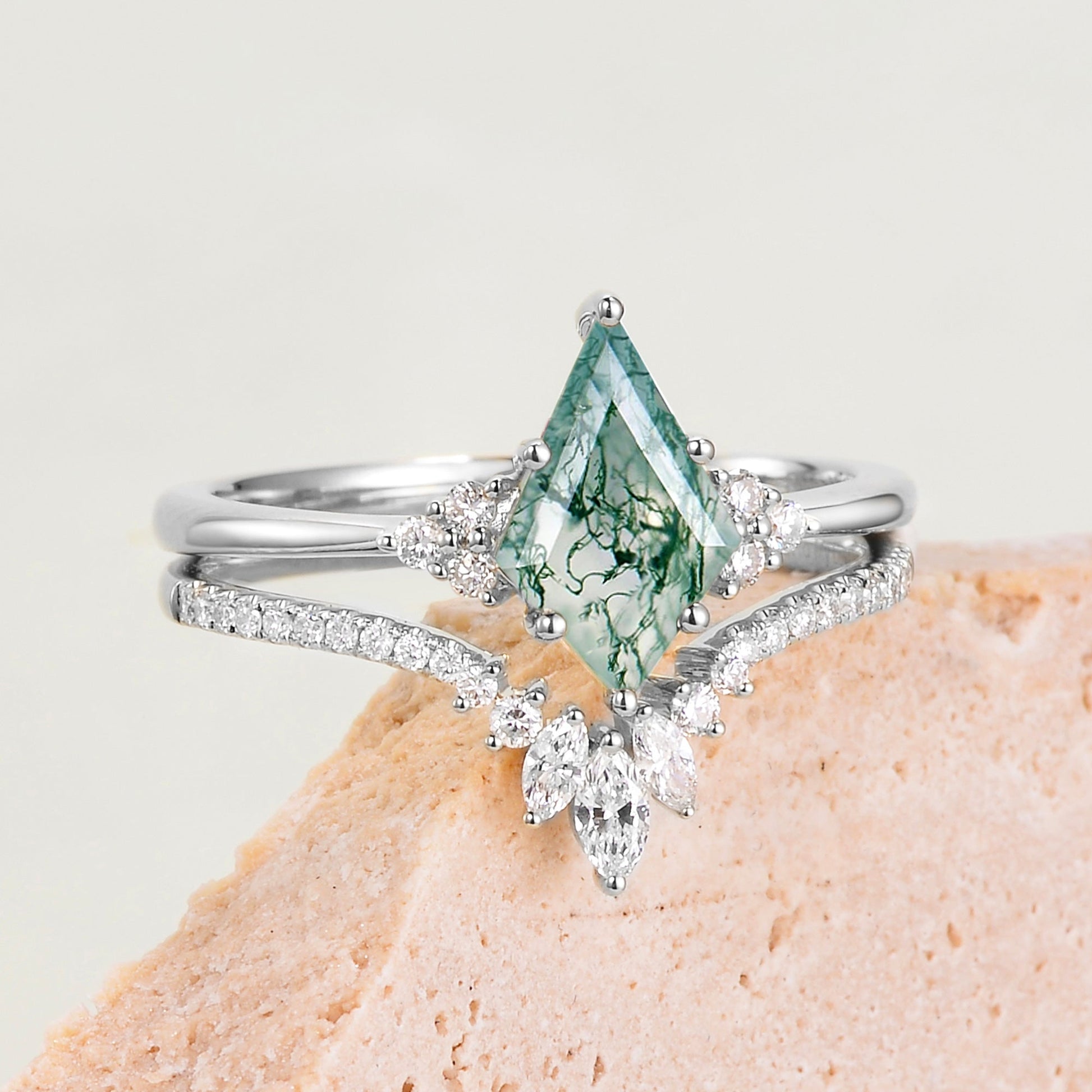 Elara’s Grove | Kite Cut Moss Agate Engagement Ring Set 2pcs