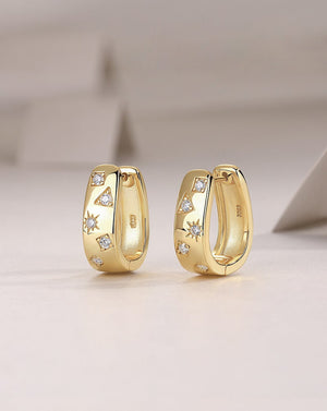 Golden Starburst Diamond Huggie Hoops Earrings